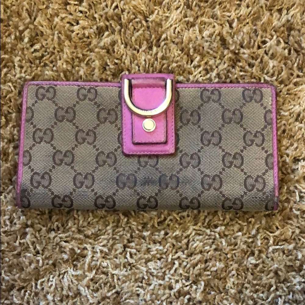 Authentic Gucci Tan GG Canvas Pink Trim Wallet
